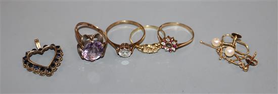 Three 9ct gold and gem set rings, a yellow metal ring, a 9ct gold pendant, pair of 9ct ear studs, etc.